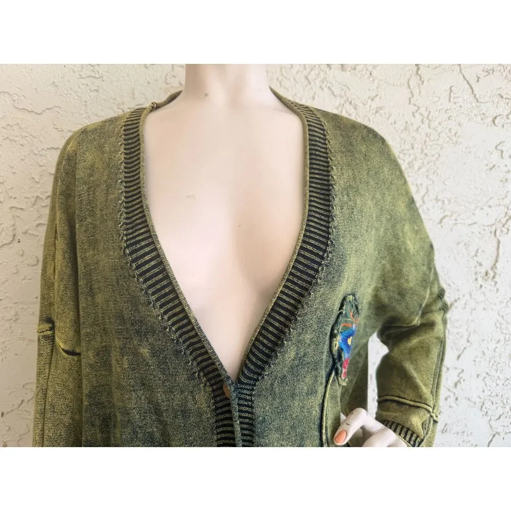 3&D Cardigan Sweater Embroidered Floral Boho Knit Oversized One Size